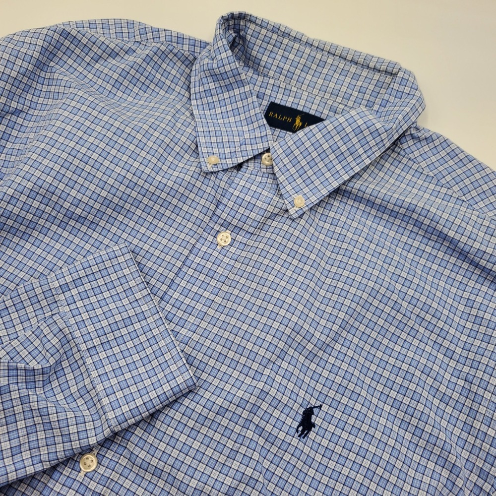 Ralph Lauren Mens Blue White Plaid Cotton Button Down Shirt Size 18 46